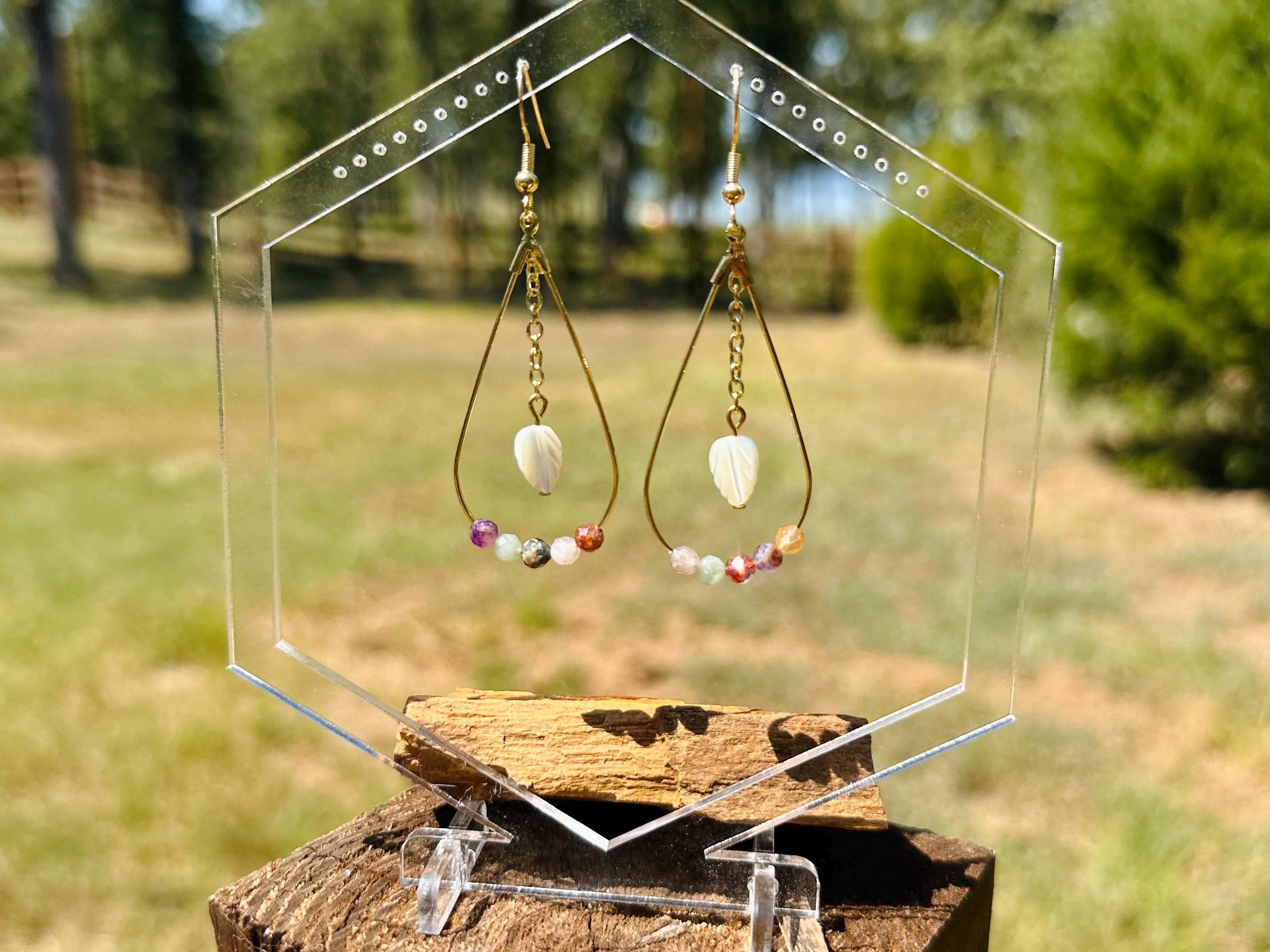 Faceted Mixed Gemstone and Gold Teardrop Earrings with Mother of Pearl Leaf, Handmade Gemstone Jewelry, Birthday Gift For Mom, for Her