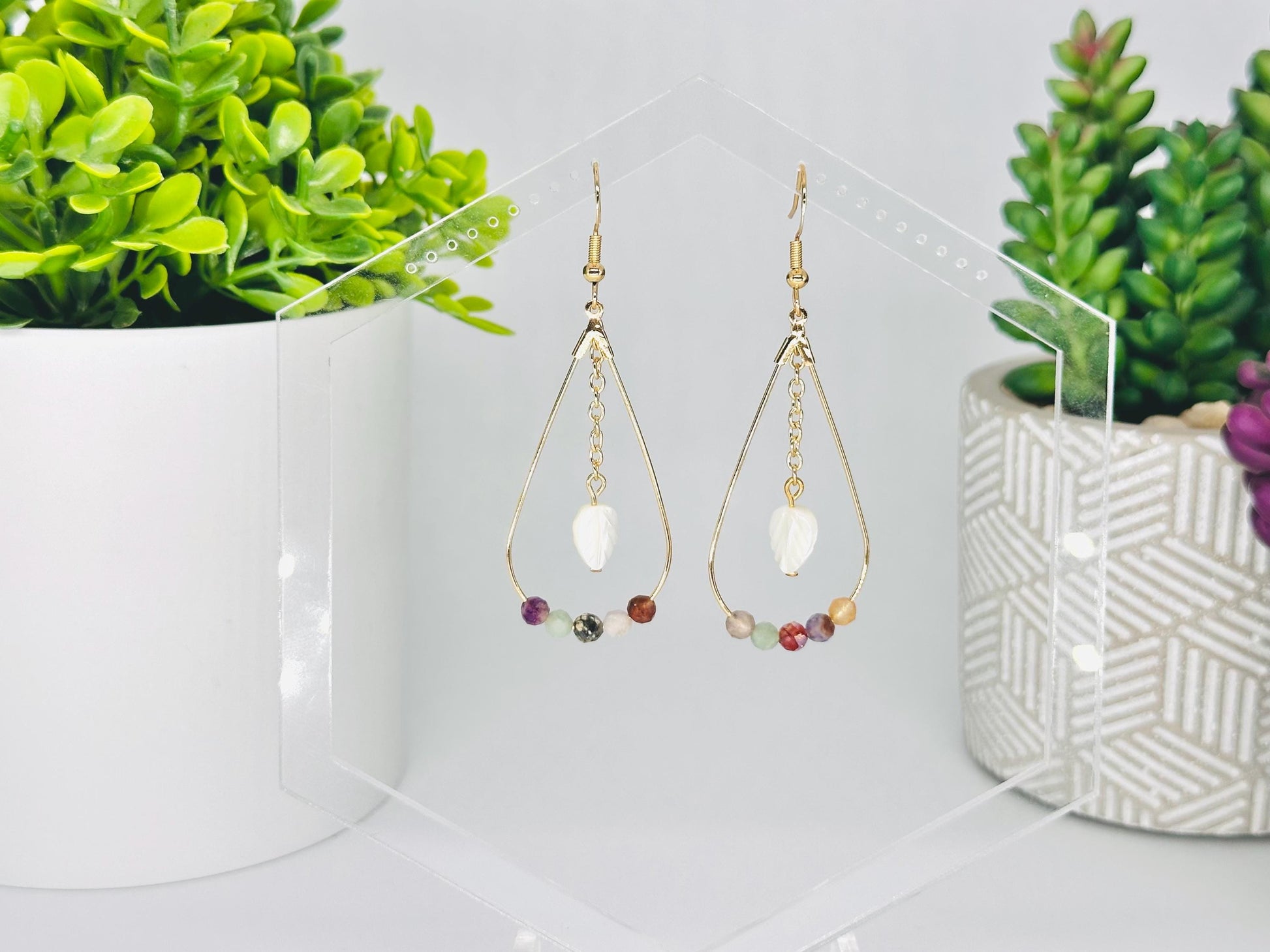 Faceted Mixed Gemstone and Gold Teardrop Earrings with Mother of Pearl Leaf, Handmade Gemstone Jewelry, Birthday Gift For Mom, for Her