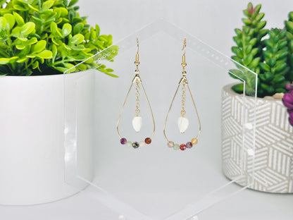 Faceted Mixed Gemstone and Gold Teardrop Earrings with Mother of Pearl Leaf, Handmade Gemstone Jewelry, Birthday Gift For Mom, for Her