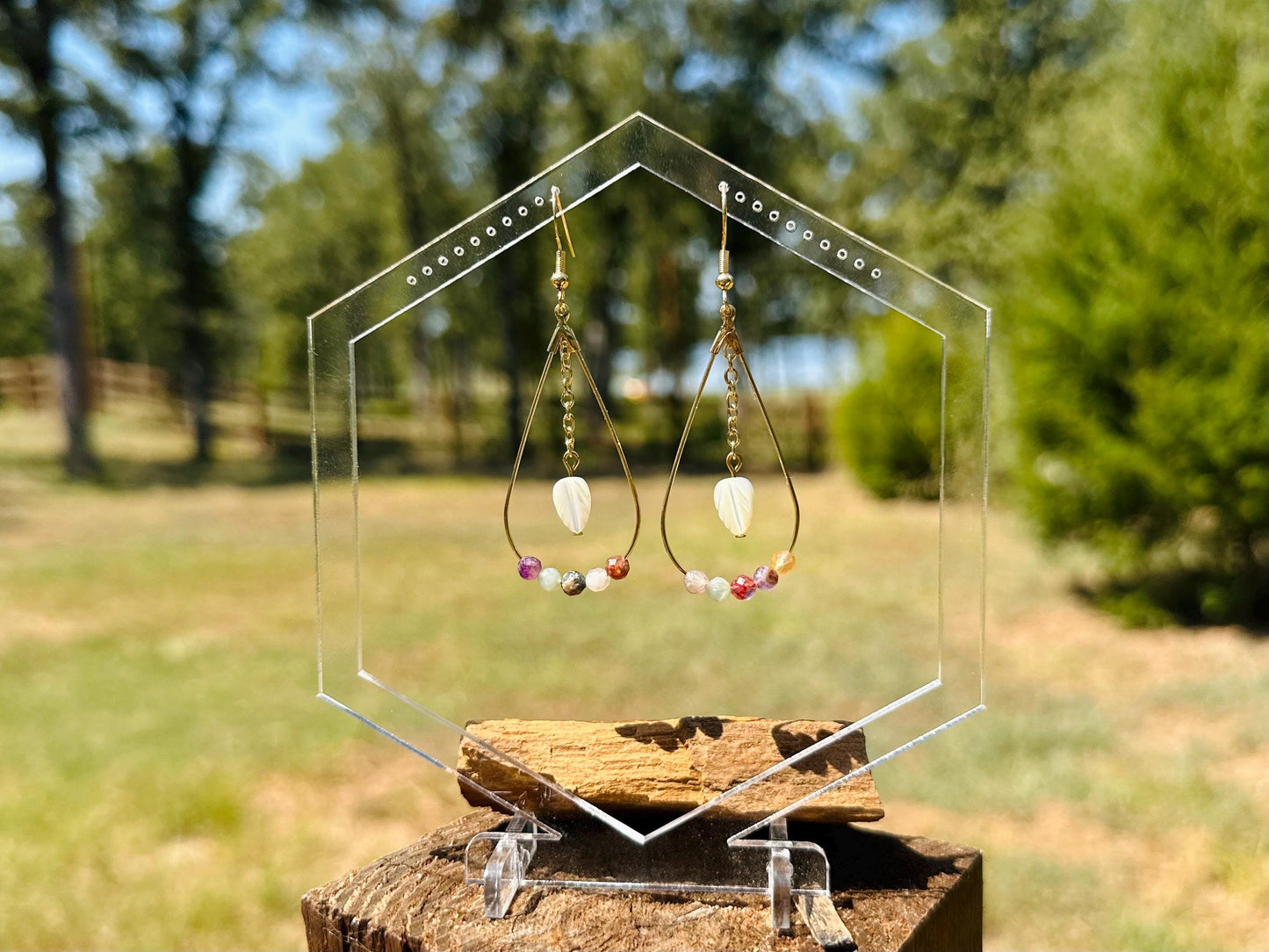 Faceted Mixed Gemstone and Gold Teardrop Earrings with Mother of Pearl Leaf, Handmade Gemstone Jewelry, Birthday Gift For Mom, for Her