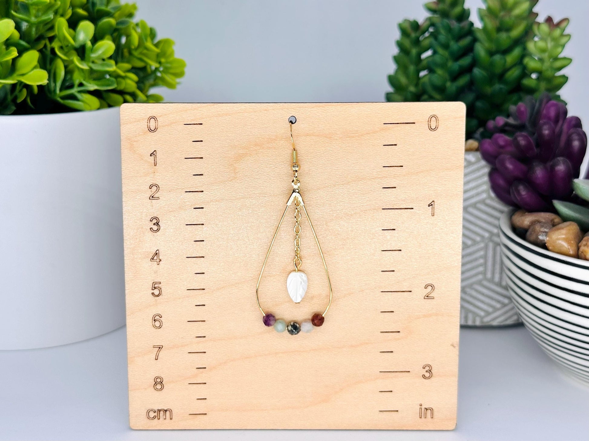 Faceted Mixed Gemstone and Gold Teardrop Earrings with Mother of Pearl Leaf, Handmade Gemstone Jewelry, Birthday Gift For Mom, for Her