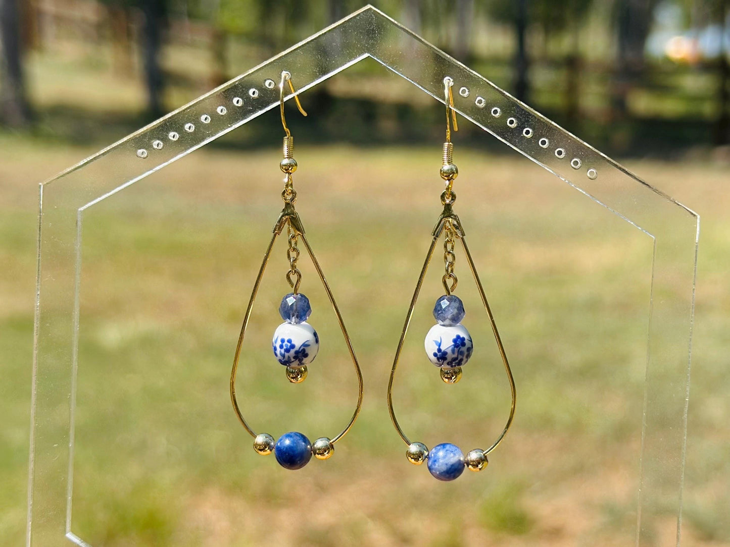 Sodalite, Iolite, and Blue Floral Ceramic Bead Gold Teardrop Earrings, Handmade Gemstone Jewelry, Birthday Gift For Mom, Hypoallergenic