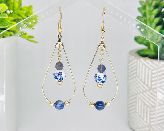 Sodalite, Iolite, and Blue Floral Ceramic Bead Gold Teardrop Earrings, Handmade Gemstone Jewelry, Birthday Gift For Mom, Hypoallergenic