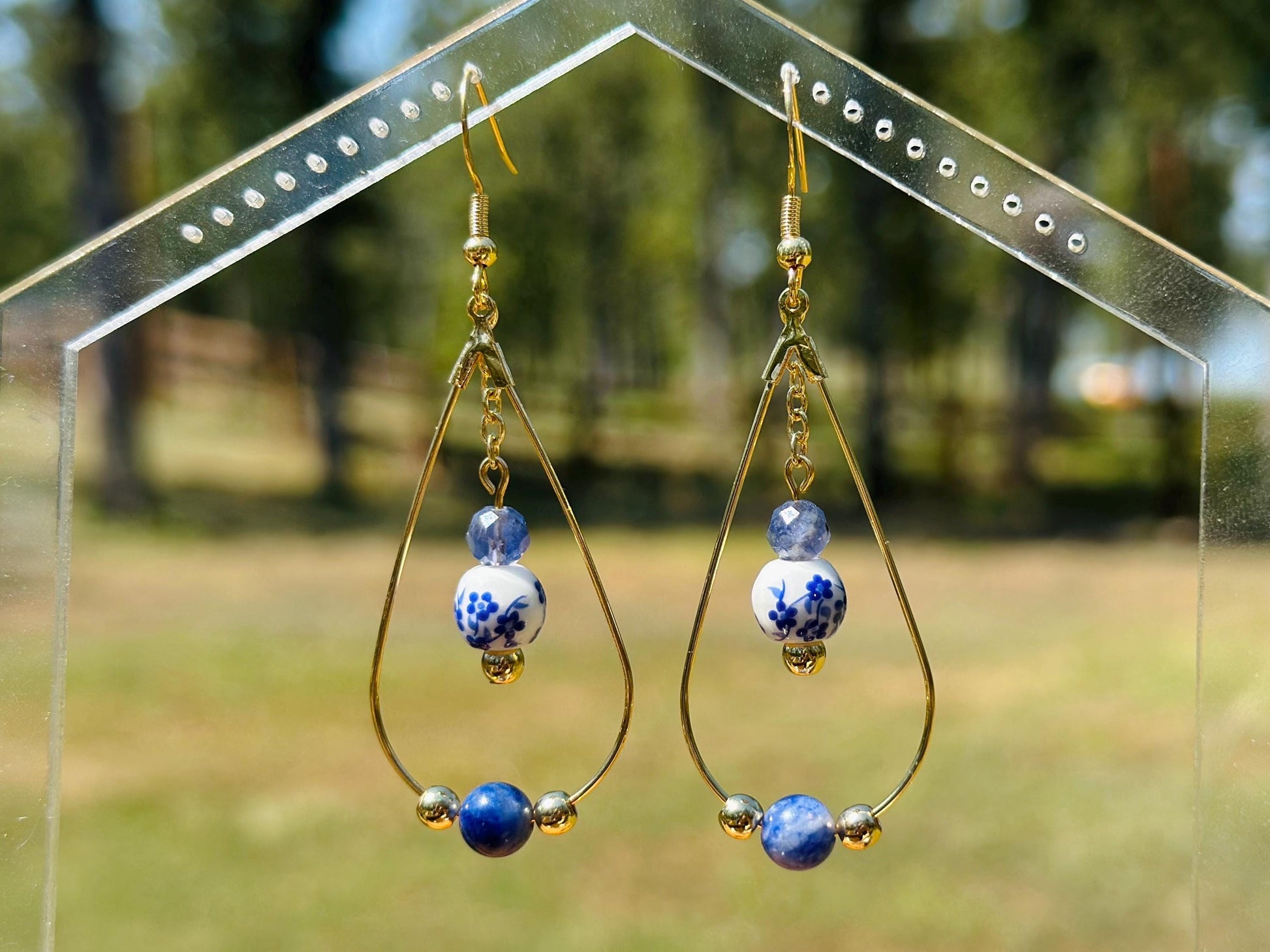 Sodalite, Iolite, and Blue Floral Ceramic Bead Gold Teardrop Earrings, Handmade Gemstone Jewelry, Birthday Gift For Mom, Hypoallergenic