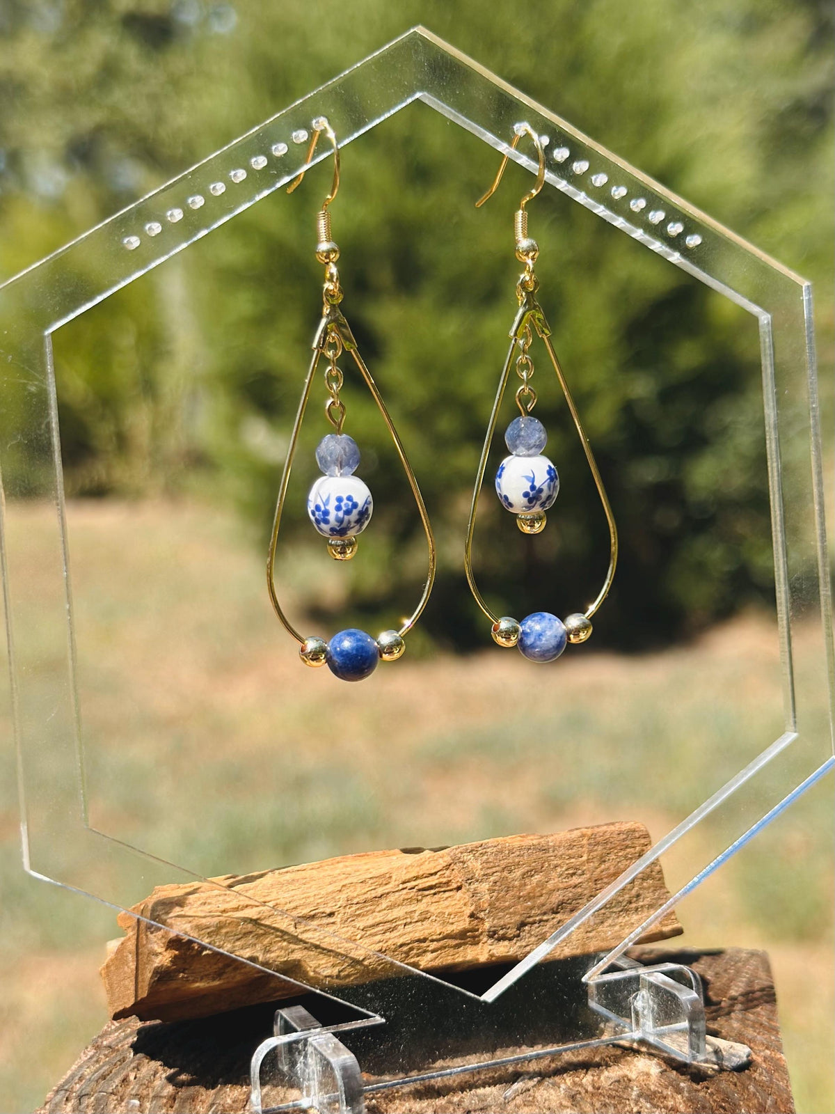 Sodalite, Iolite, and Blue Floral Ceramic Bead Gold Teardrop Earrings, Handmade Gemstone Jewelry, Birthday Gift For Mom, Hypoallergenic