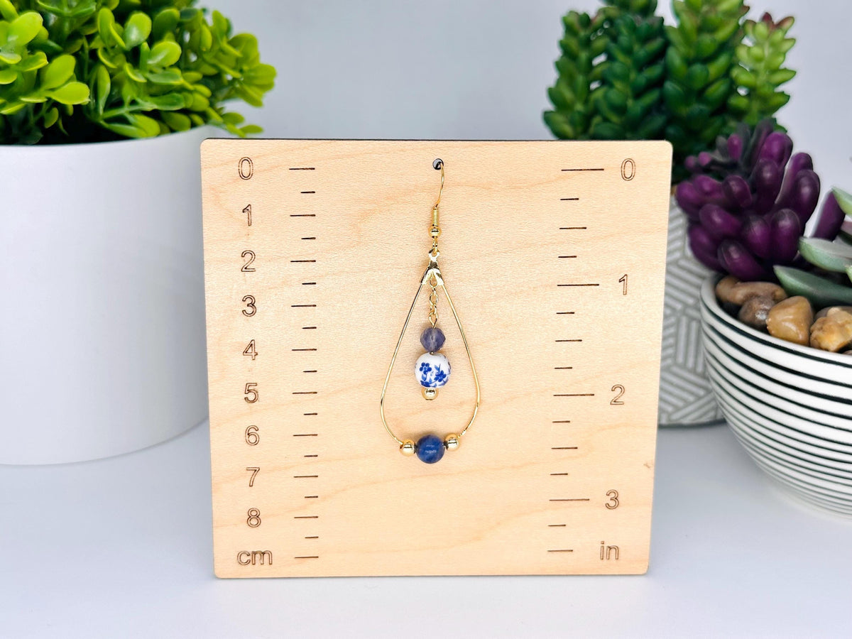 Sodalite, Iolite, and Blue Floral Ceramic Bead Gold Teardrop Earrings, Handmade Gemstone Jewelry, Birthday Gift For Mom, Hypoallergenic