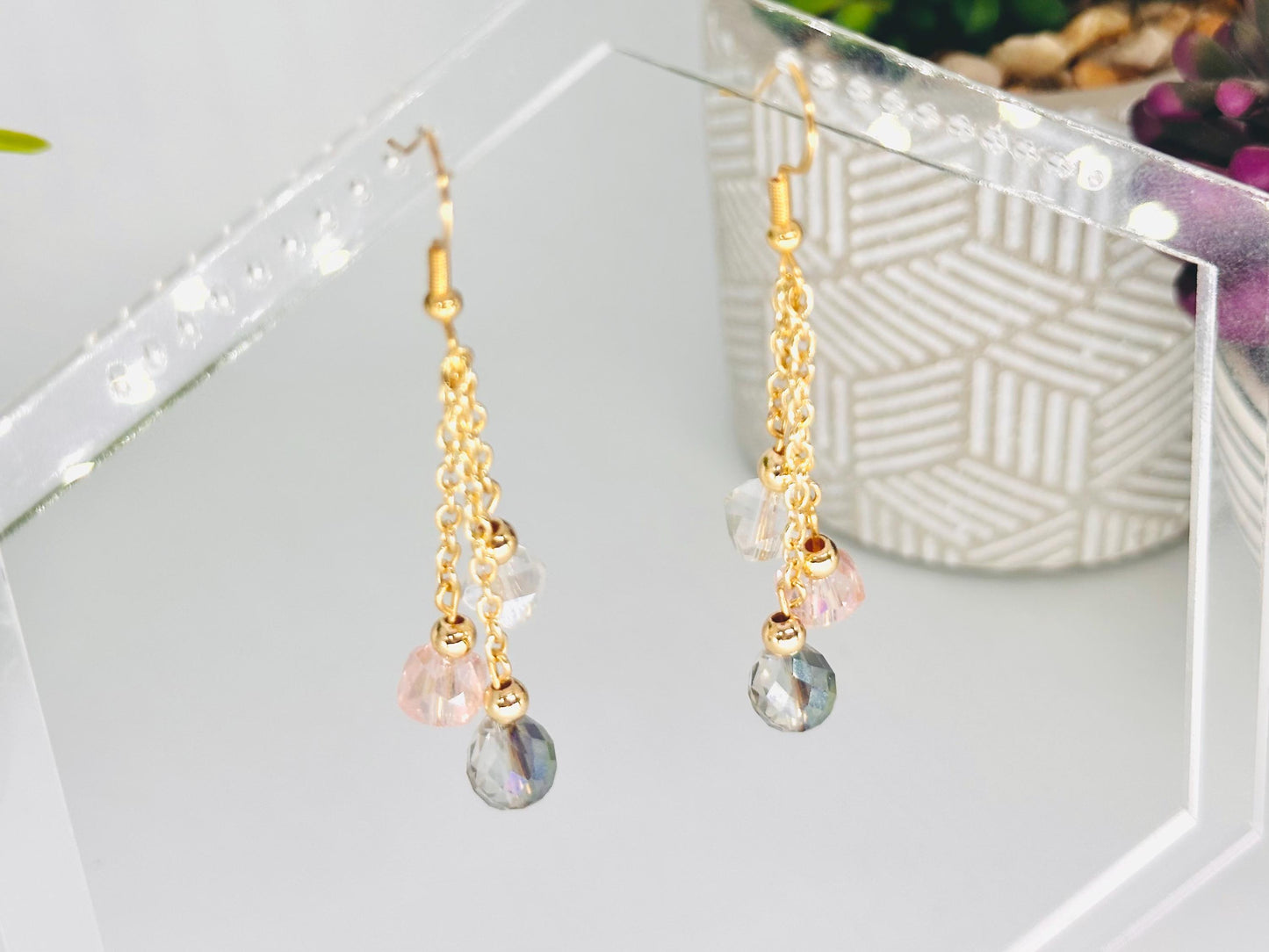 Multi Strand Iridescent Glass Dangle Earrings, Birthday Gift For Mom, Hypoallergenic, Gold jewelry Gift for wife, Elegant Birthday Gift