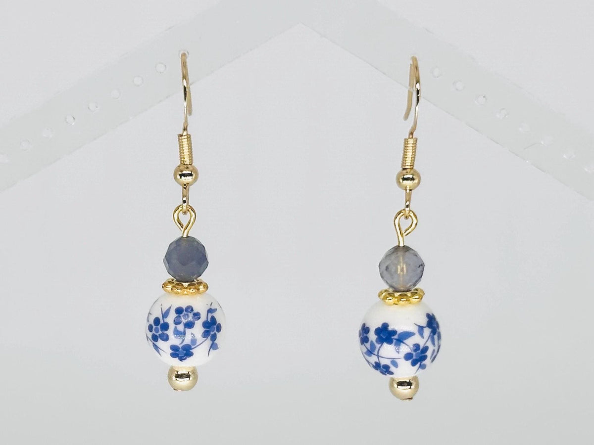 Blue Ceramic Floral and Iolite Dangle Earrings, Handmade Gemstone Jewelry, Birthday Gift For Mom, Hypoallergenic, Gold jewelry Gift for wife