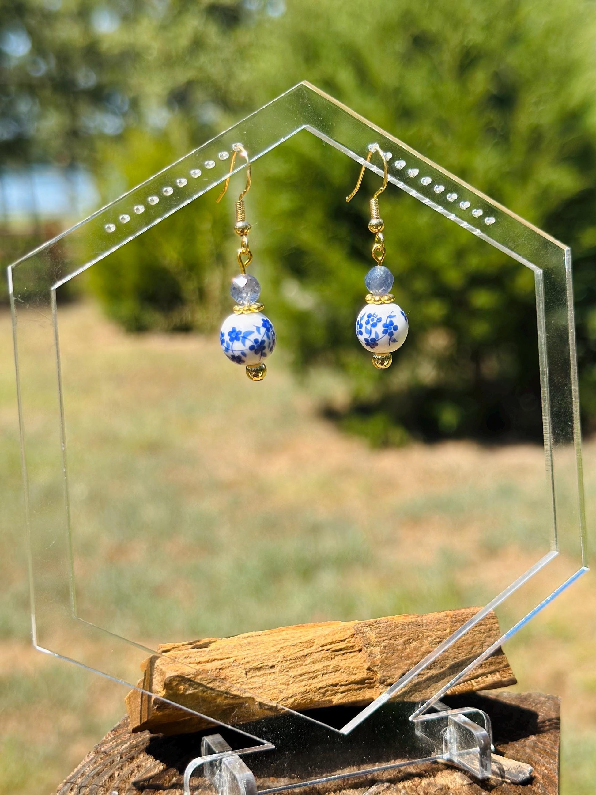 Blue Ceramic Floral and Iolite Dangle Earrings, Handmade Gemstone Jewelry, Birthday Gift For Mom, Hypoallergenic, Gold jewelry Gift for wife