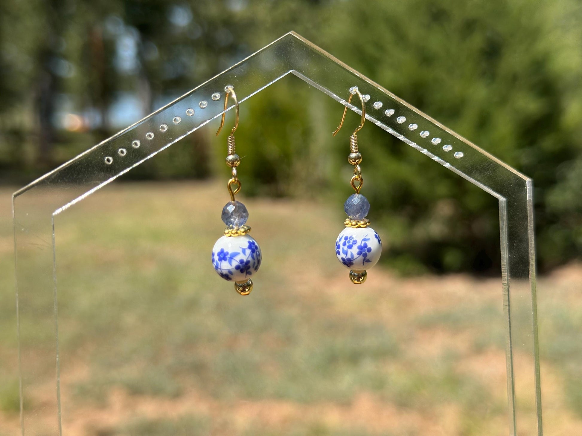 Blue Ceramic Floral and Iolite Dangle Earrings, Handmade Gemstone Jewelry, Birthday Gift For Mom, Hypoallergenic, Gold jewelry Gift for wife