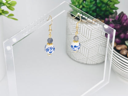 Blue Ceramic Floral and Iolite Dangle Earrings, Handmade Gemstone Jewelry, Birthday Gift For Mom, Hypoallergenic, Gold jewelry Gift for wife