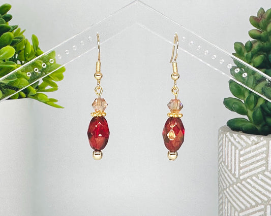 Ruby Red and Champagne Czech Glass Dangle Earrings, Birthday Gift For Mom, Hypoallergenic, Gold jewelry Gift for wife, Elegant Birthday Gift