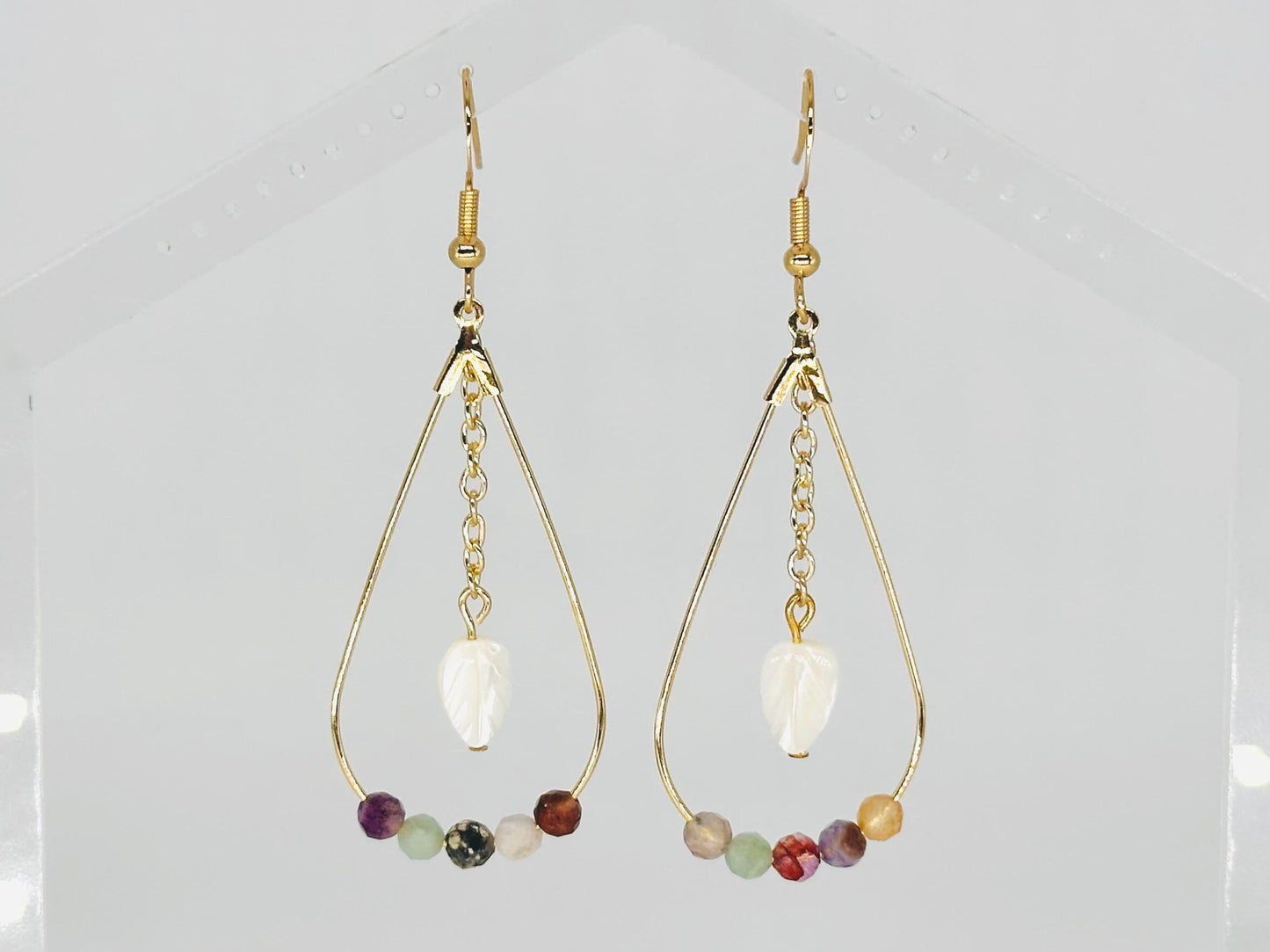 Faceted Mixed Gemstone and Gold Teardrop Earrings with Mother of Pearl Leaf, Handmade Gemstone Jewelry, Birthday Gift For Mom, for Her