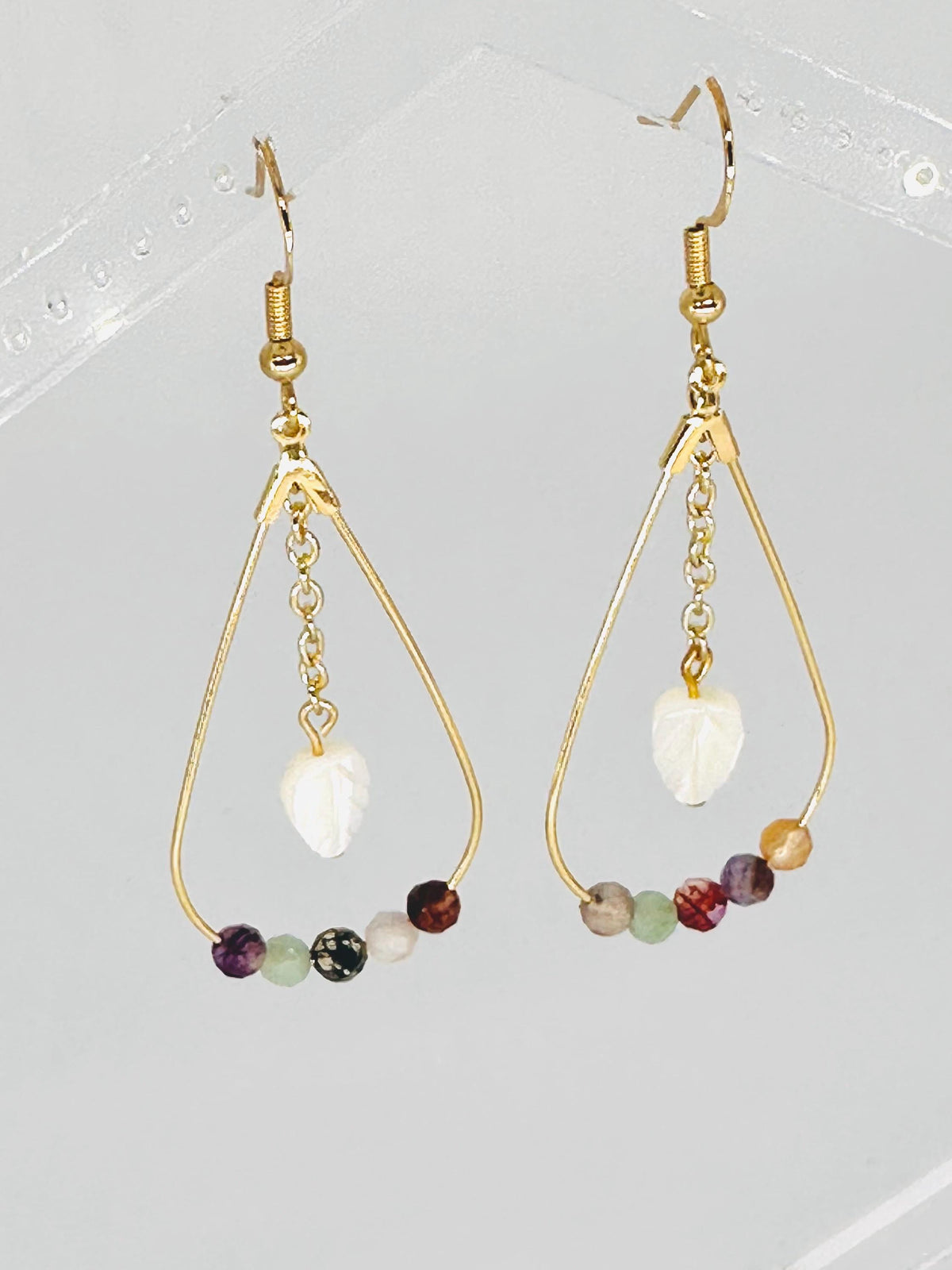 Faceted Mixed Gemstone and Gold Teardrop Earrings with Mother of Pearl Leaf, Handmade Gemstone Jewelry, Birthday Gift For Mom, for Her