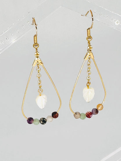 Faceted Mixed Gemstone and Gold Teardrop Earrings with Mother of Pearl Leaf, Handmade Gemstone Jewelry, Birthday Gift For Mom, for Her