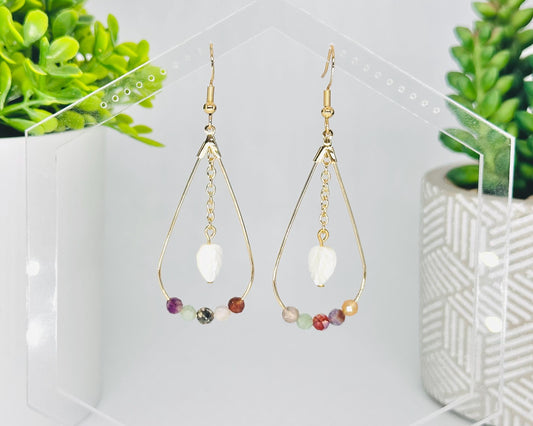 Faceted Mixed Gemstone and Gold Teardrop Earrings with Mother of Pearl Leaf, Handmade Gemstone Jewelry, Birthday Gift For Mom, for Her