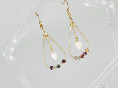 Faceted Mixed Gemstone and Gold Teardrop Earrings with Mother of Pearl Leaf, Handmade Gemstone Jewelry, Birthday Gift For Mom, for Her