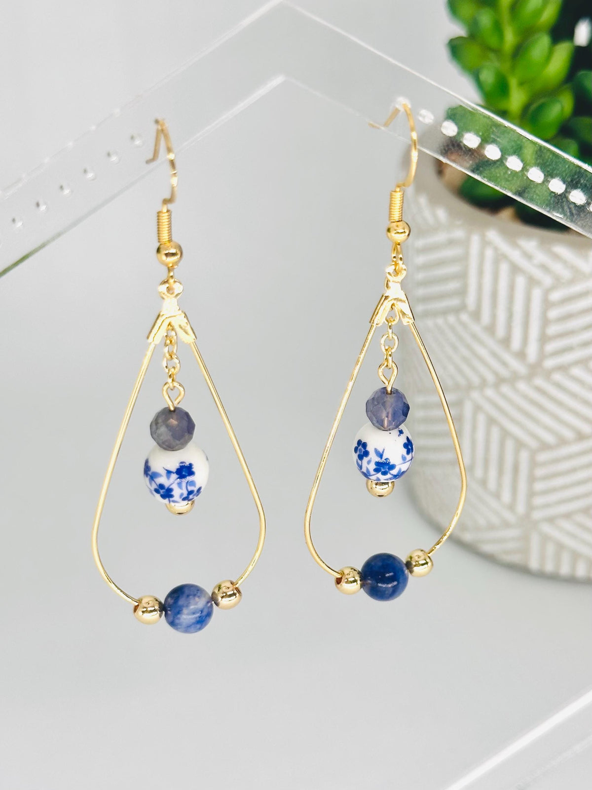 Sodalite, Iolite, and Blue Floral Ceramic Bead Gold Teardrop Earrings, Handmade Gemstone Jewelry, Birthday Gift For Mom, Hypoallergenic