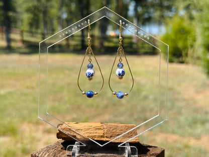 Sodalite, Iolite, and Blue Floral Ceramic Bead Gold Teardrop Earrings, Handmade Gemstone Jewelry, Birthday Gift For Mom, Hypoallergenic