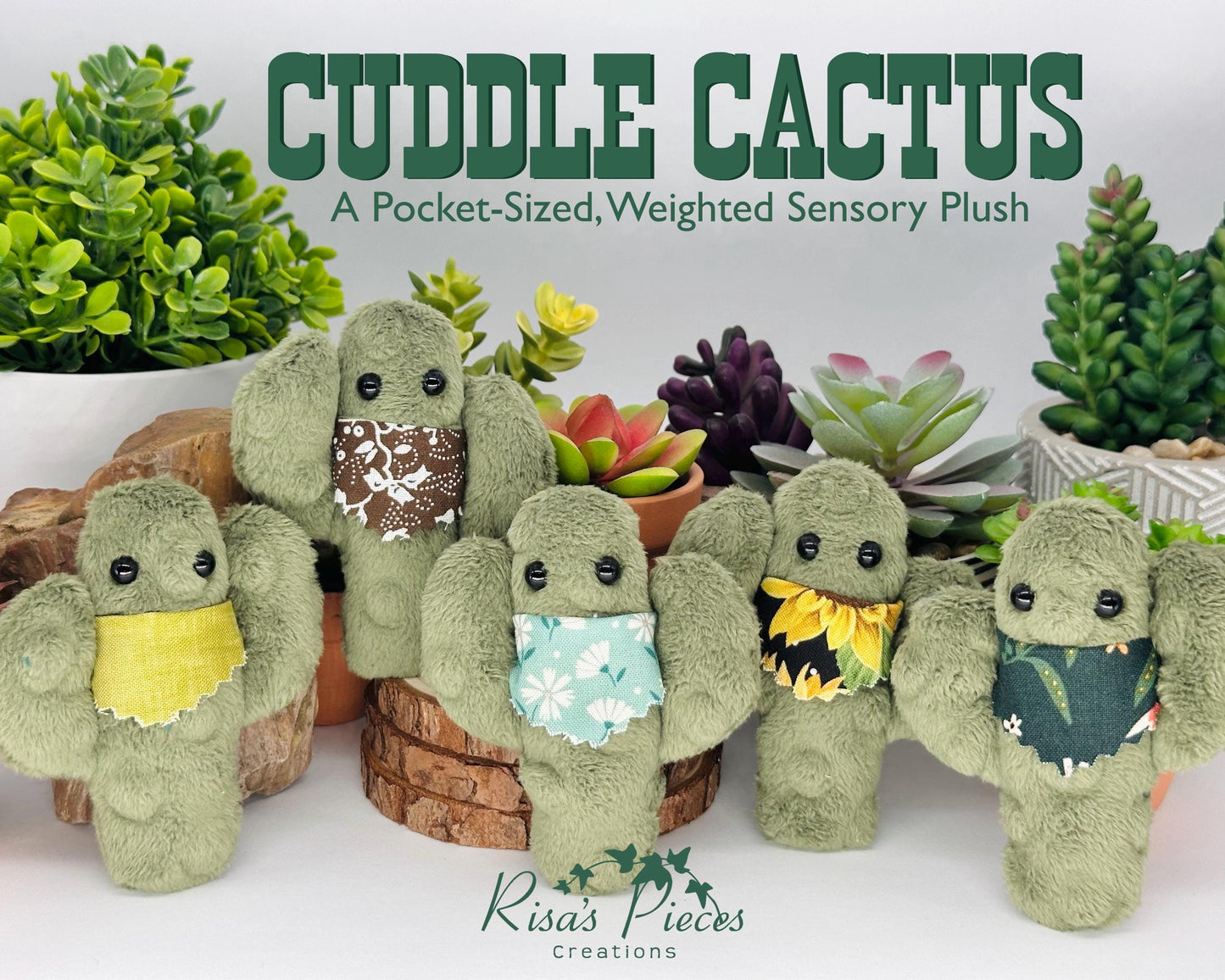 Cuddle Cactus Weighted Plush, Pocket Sized Sensory Toy, Handmade Anxiety Comfort Plushie, Soft Fuzzy Cactus with Bandana, Stocking Stuffers