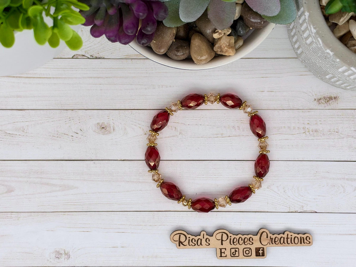 Red Carpet Ruby Red Czech Glass Bracelet, Gold Luster Faceted Bead Stretch Bracelet, Holiday Red and Gold Jewelry, Christmas Gift for Wife