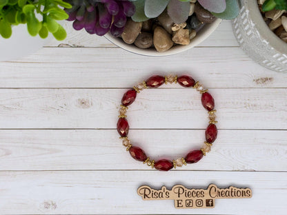 Red Carpet Ruby Red Czech Glass Bracelet, Gold Luster Faceted Bead Stretch Bracelet, Holiday Red and Gold Jewelry, Christmas Gift for Wife