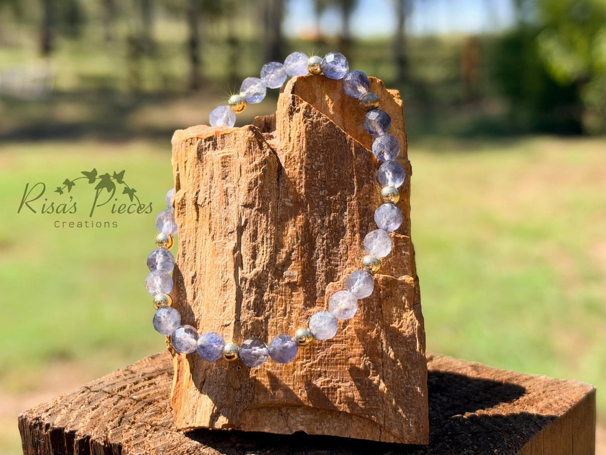 Evening Rain Faceted Iolite Bracelet, Blue Violet Gemstone Stretch Beaded Stack Bracelet, Gemstone Jewelry, Birthday Gift for Her, for Wife