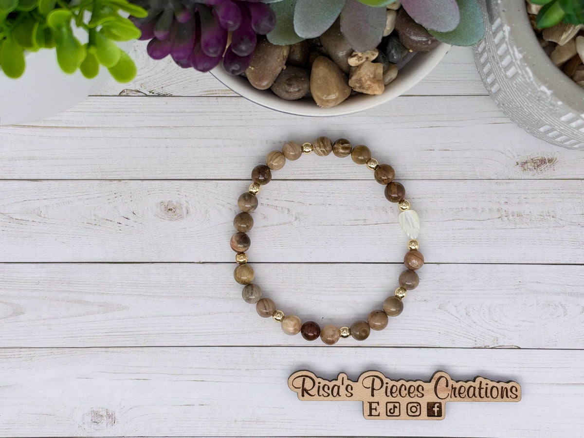 Prairie Pearl Petrified Wood Bracelet with Mother of Pearl, Western Cowgirl Jewelry, Beaded Country Boho Bracelet, Natural Earthy Gift
