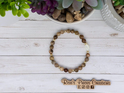 Prairie Pearl Petrified Wood Bracelet with Mother of Pearl, Western Cowgirl Jewelry, Beaded Country Boho Bracelet, Natural Earthy Gift
