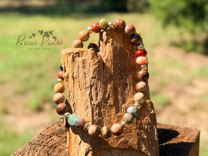Wildflower Ranch Petrified Wood and Mixed Gemstone Bracelet, Western Cowgirl Stretch Bracelet, Country Beaded Jewelry Boho Accessory for Her