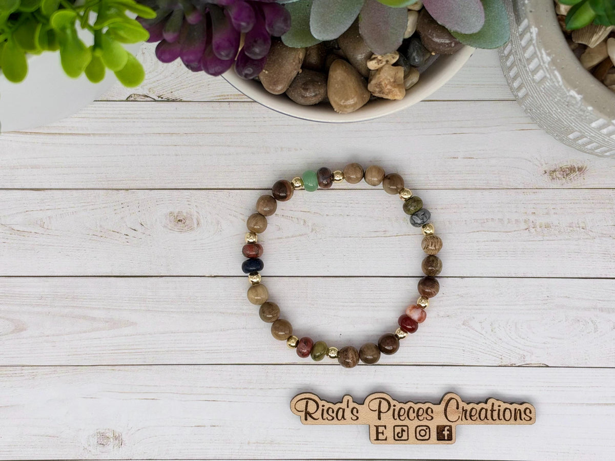 Wildflower Ranch Petrified Wood and Mixed Gemstone Bracelet, Western Cowgirl Stretch Bracelet, Country Beaded Jewelry Boho Accessory for Her