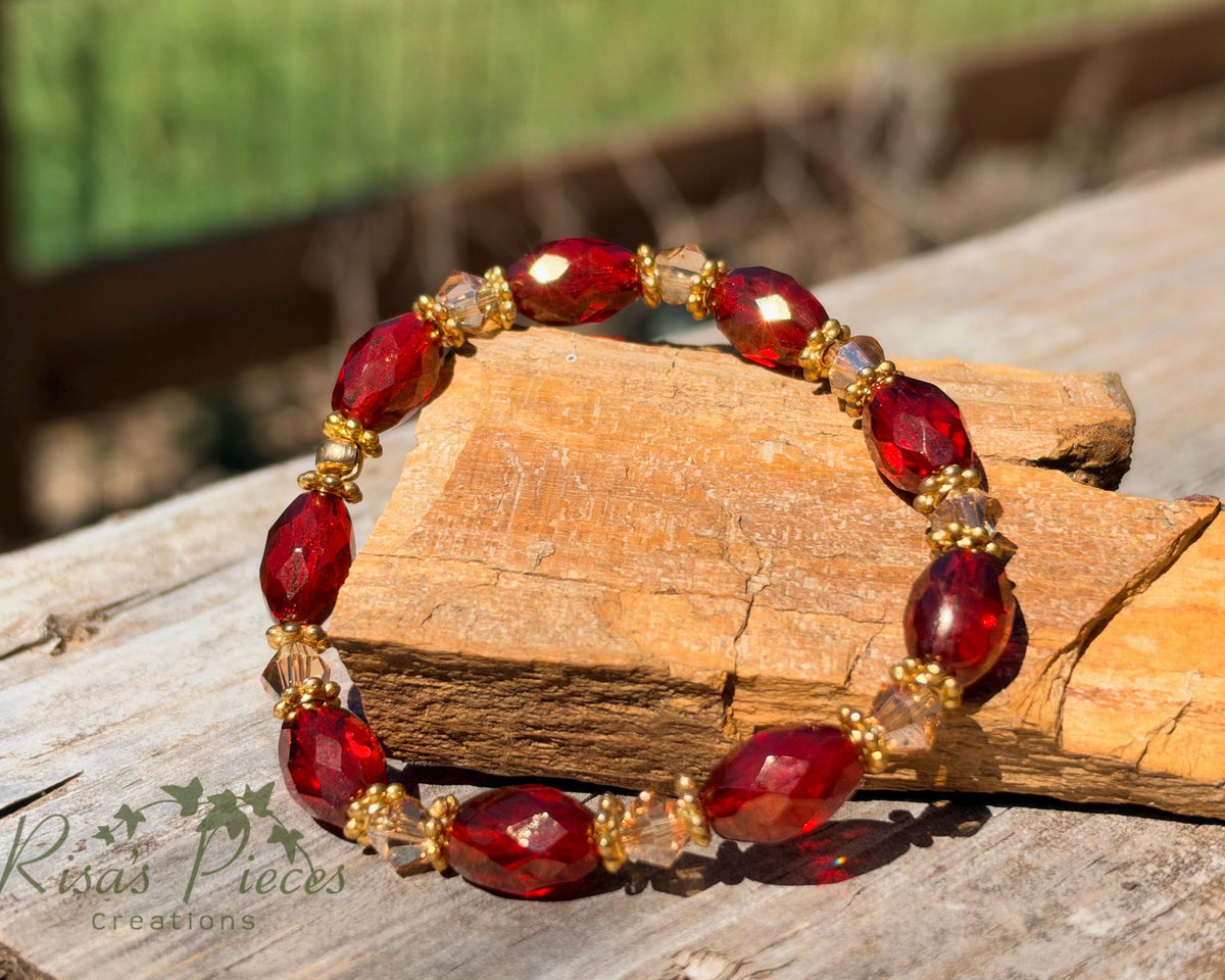 Red Carpet Ruby Red Czech Glass Bracelet, Gold Luster Faceted Bead Stretch Bracelet, Holiday Red and Gold Jewelry, Christmas Gift for Wife