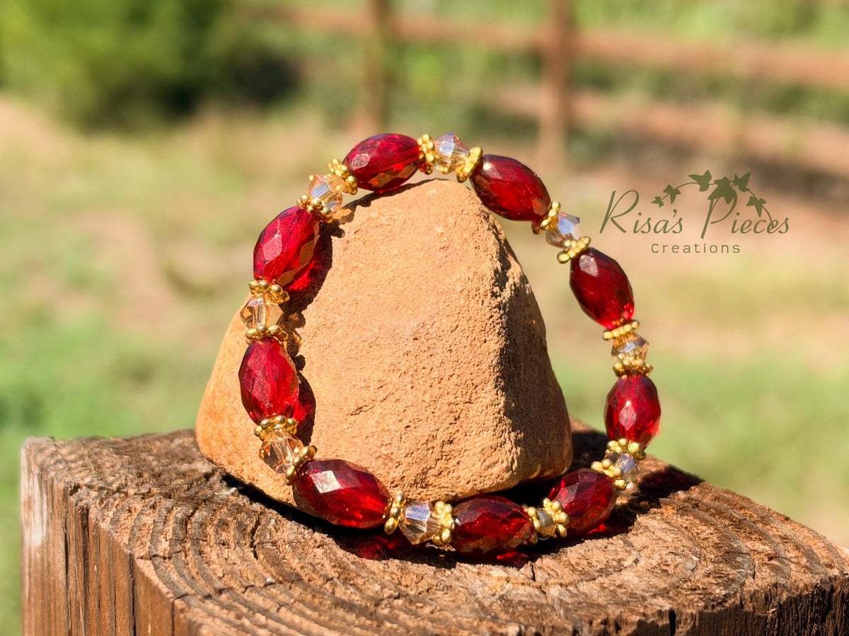 Red Carpet Ruby Red Czech Glass Bracelet, Gold Luster Faceted Bead Stretch Bracelet, Holiday Red and Gold Jewelry, Christmas Gift for Wife