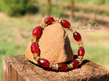 Red Carpet Ruby Red Czech Glass Bracelet, Gold Luster Faceted Bead Stretch Bracelet, Holiday Red and Gold Jewelry, Christmas Gift for Wife