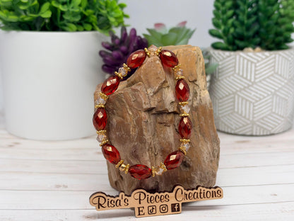 Red Carpet Ruby Red Czech Glass Bracelet, Gold Luster Faceted Bead Stretch Bracelet, Holiday Red and Gold Jewelry, Christmas Gift for Wife