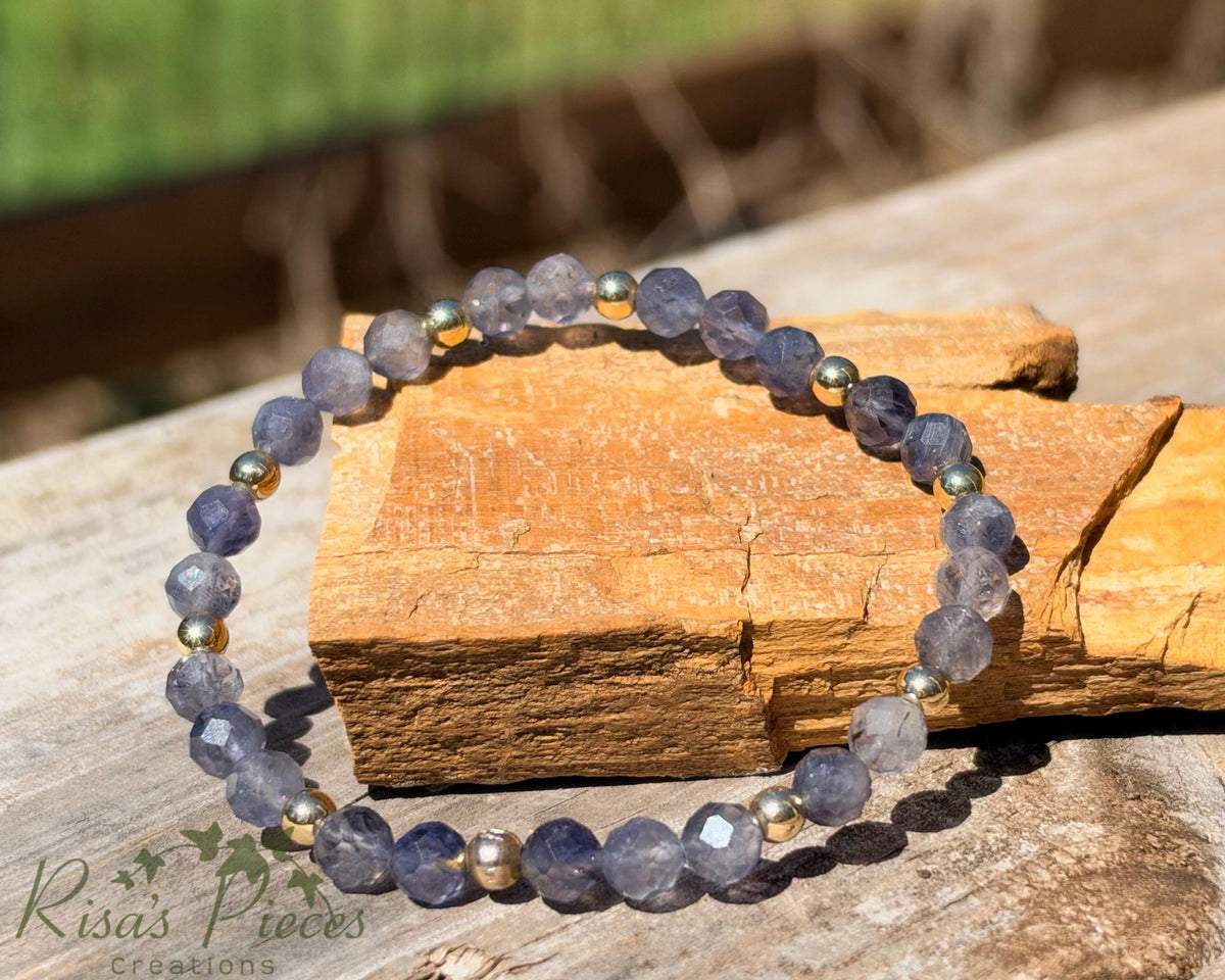 Evening Rain Faceted Iolite Bracelet, Blue Violet Gemstone Stretch Beaded Stack Bracelet, Gemstone Jewelry, Birthday Gift for Her, for Wife