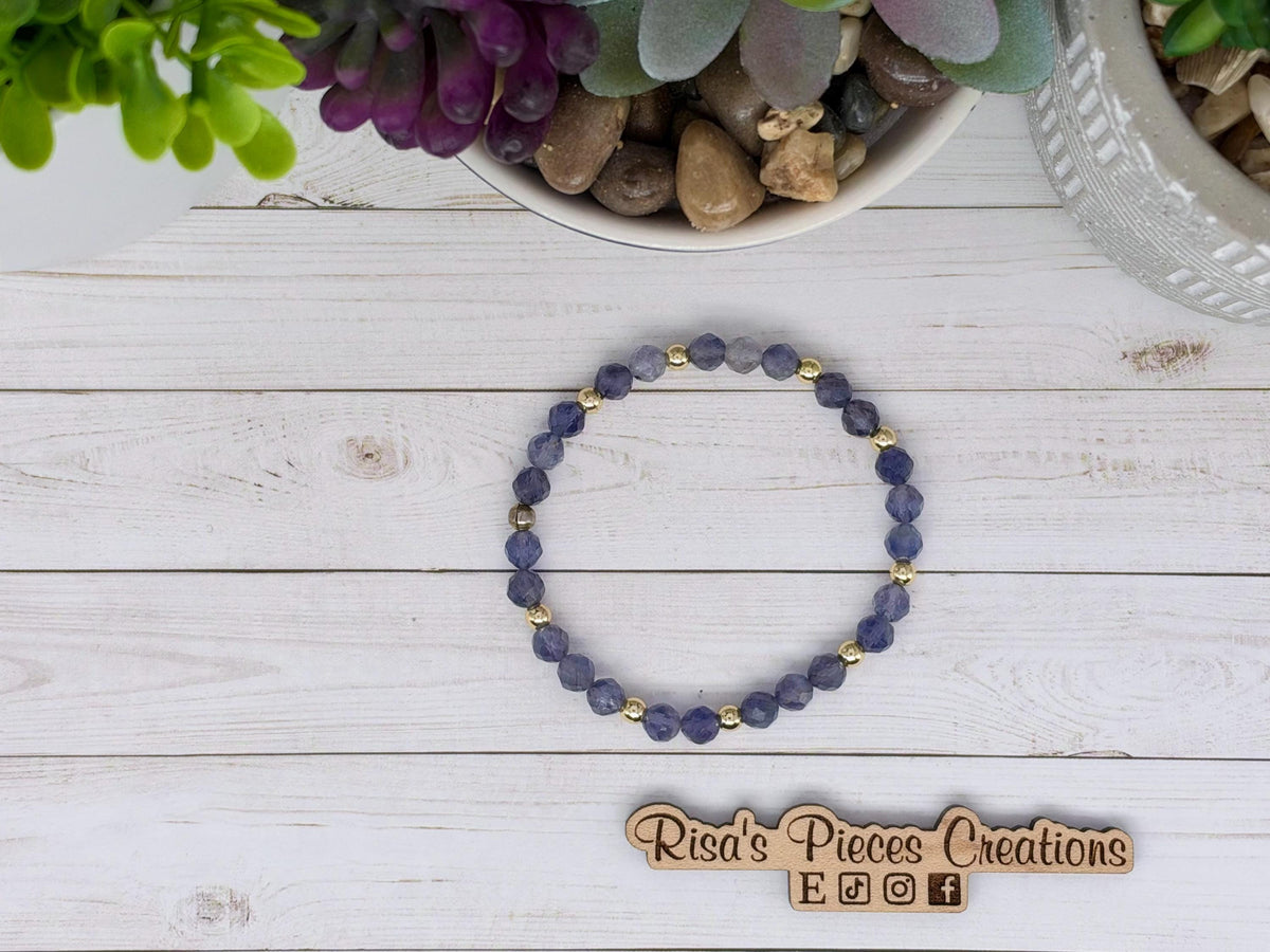 Evening Rain Faceted Iolite Bracelet, Blue Violet Gemstone Stretch Beaded Stack Bracelet, Gemstone Jewelry, Birthday Gift for Her, for Wife