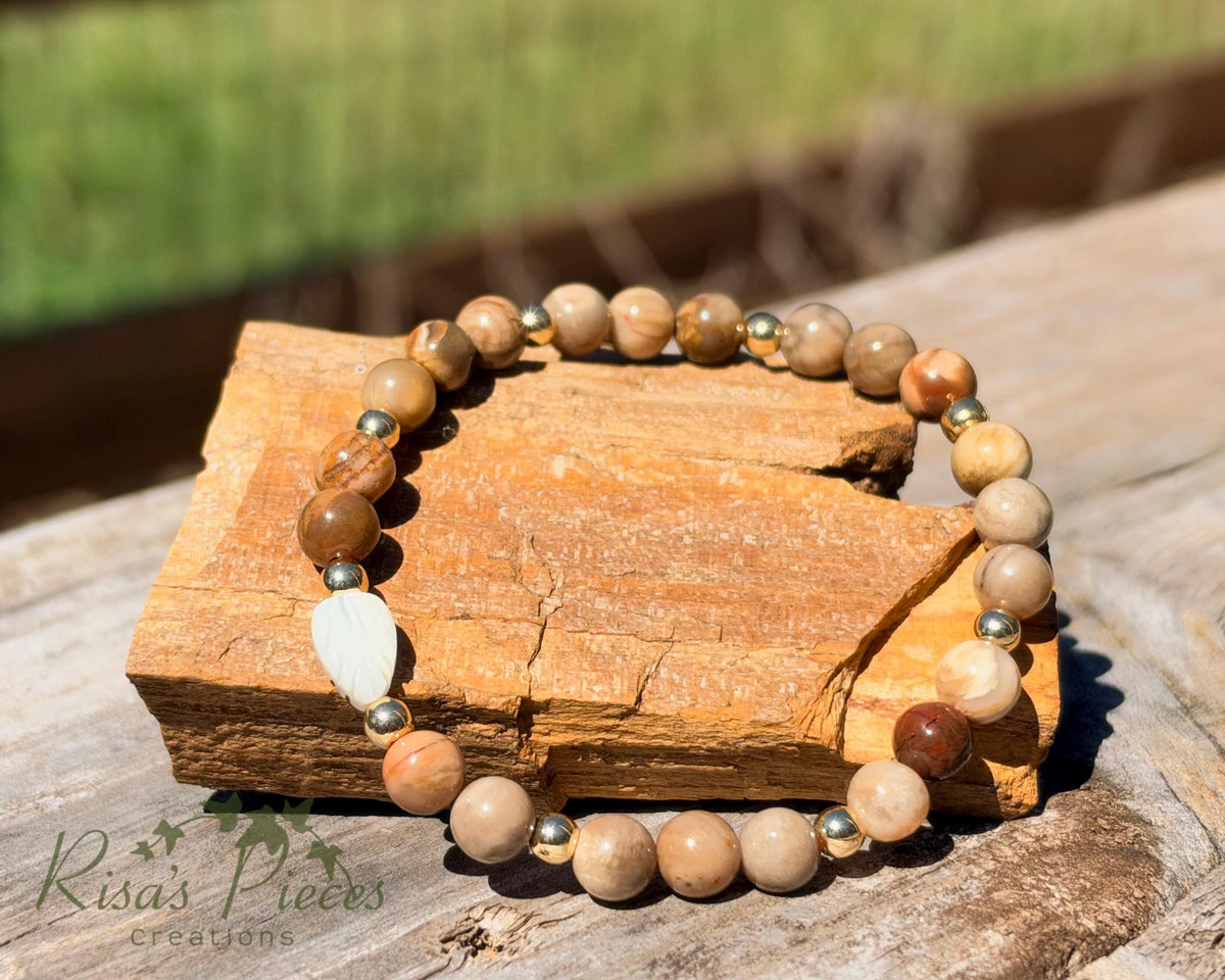 Prairie Pearl Petrified Wood Bracelet with Mother of Pearl, Western Cowgirl Jewelry, Beaded Country Boho Bracelet, Natural Earthy Gift