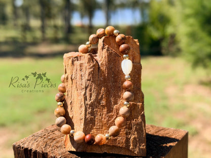 Prairie Pearl Petrified Wood Bracelet with Mother of Pearl, Western Cowgirl Jewelry, Beaded Country Boho Bracelet, Natural Earthy Gift