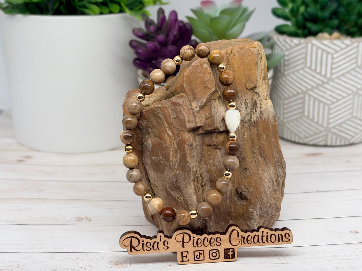 Prairie Pearl Petrified Wood Bracelet with Mother of Pearl, Western Cowgirl Jewelry, Beaded Country Boho Bracelet, Natural Earthy Gift