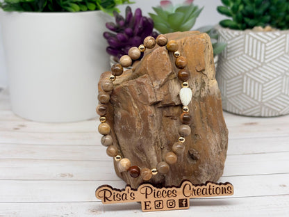 Prairie Pearl Petrified Wood Bracelet with Mother of Pearl, Western Cowgirl Jewelry, Beaded Country Boho Bracelet, Natural Earthy Gift
