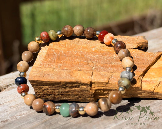 Wildflower Ranch Petrified Wood and Mixed Gemstone Bracelet, Western Cowgirl Stretch Bracelet, Country Beaded Jewelry Boho Accessory for Her