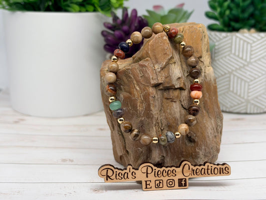 Wildflower Ranch Petrified Wood and Mixed Gemstone Bracelet, Western Cowgirl Stretch Bracelet, Country Beaded Jewelry Boho Accessory for Her
