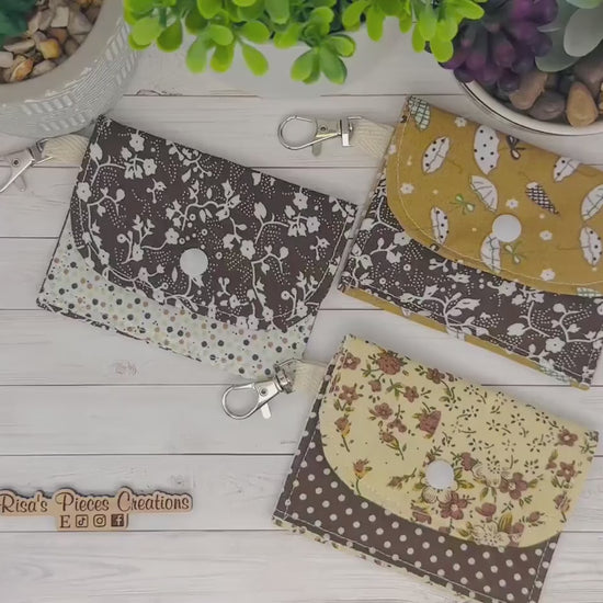 Brown Floral mini keychain wallet, Clip on card wallet with pockets, lanyard coin purse for her, gift for daughter, nurse stocking stuffers