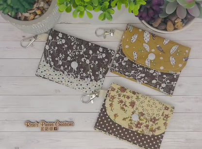 Brown Floral mini keychain wallet, Clip on card wallet with pockets, lanyard coin purse for her, gift for daughter, nurse stocking stuffers