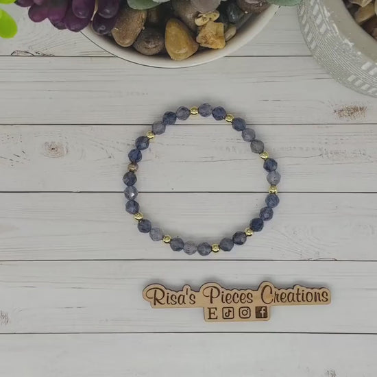 Evening Rain Faceted Iolite Bracelet, Blue Violet Gemstone Stretch Beaded Stack Bracelet, Gemstone Jewelry, Birthday Gift for Her, for Wife
