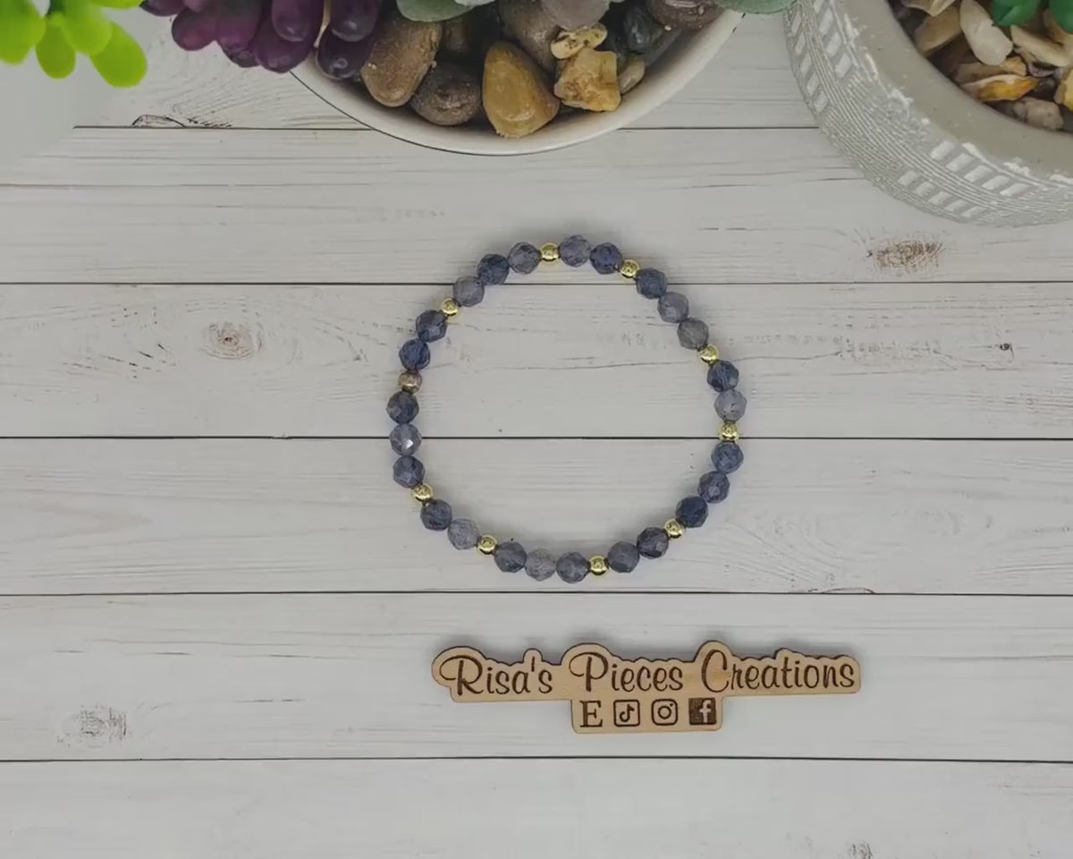 Evening Rain Faceted Iolite Bracelet, Blue Violet Gemstone Stretch Beaded Stack Bracelet, Gemstone Jewelry, Birthday Gift for Her, for Wife