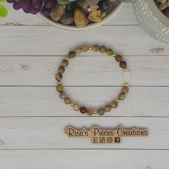 Prairie Pearl Petrified Wood Bracelet with Mother of Pearl, Western Cowgirl Jewelry, Beaded Country Boho Bracelet, Natural Earthy Gift