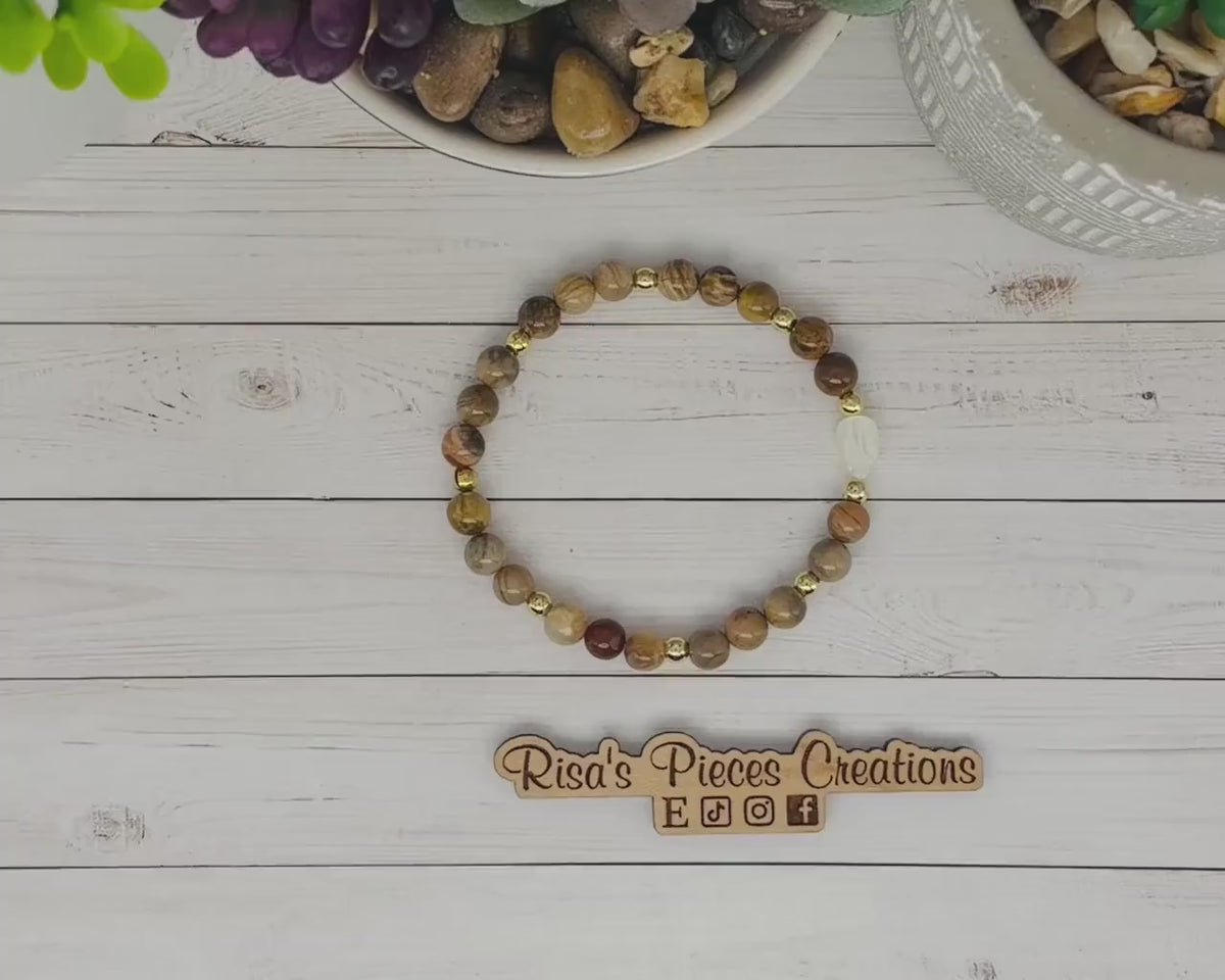 Prairie Pearl Petrified Wood Bracelet with Mother of Pearl, Western Cowgirl Jewelry, Beaded Country Boho Bracelet, Natural Earthy Gift