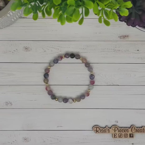 Wisteria Mist Pink Purple Tourmaline and Gold Beaded Stretch Bracelet, Handmade Gemstone Jewelry, Birthday Gift For Mom, Ideas for Her